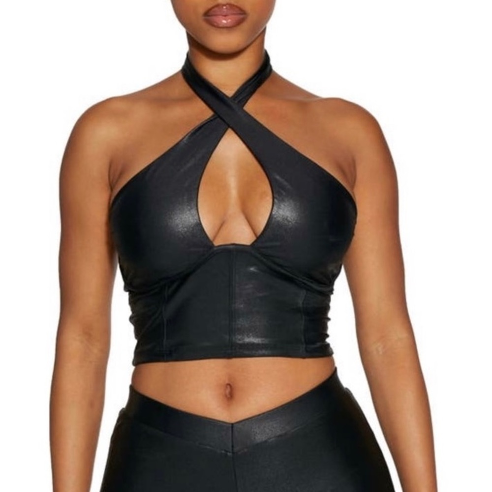 Naked Wardrobe | Black  Faux Leather Bustier Soft Strethy Crop Party Top/Blouse